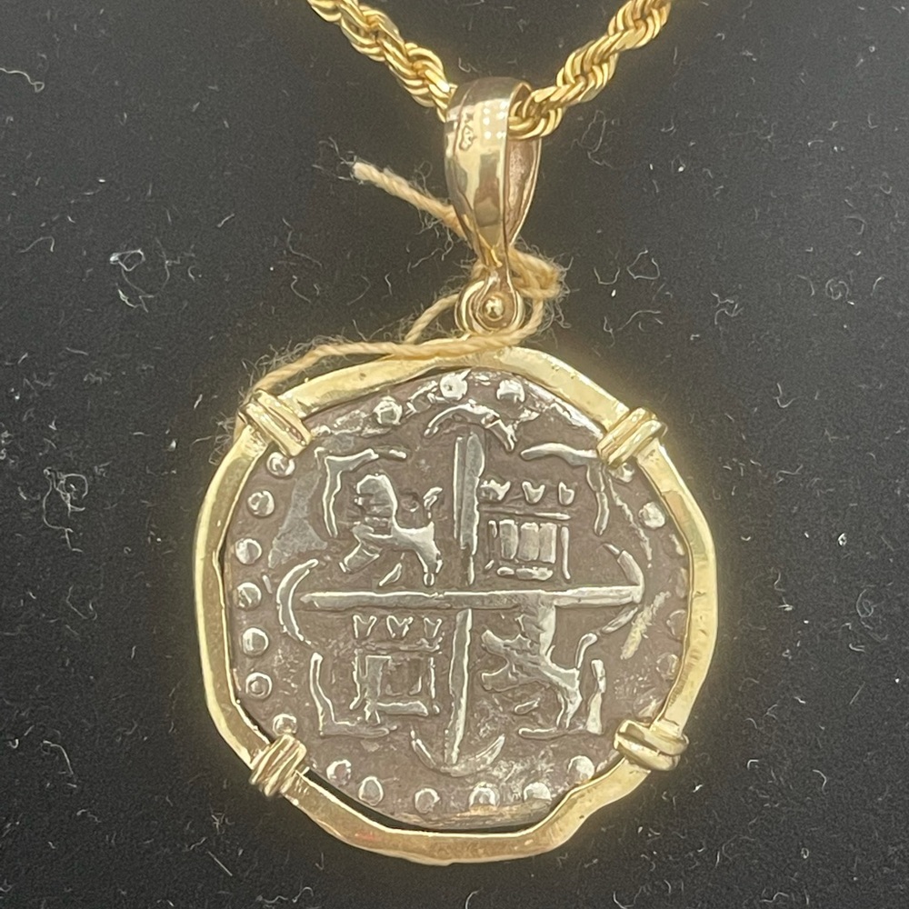Atocha shipwreck coin pendant in 14kt solid hold bezel